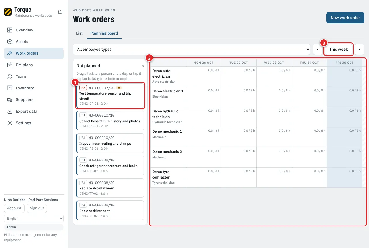 Work orders > Planning board