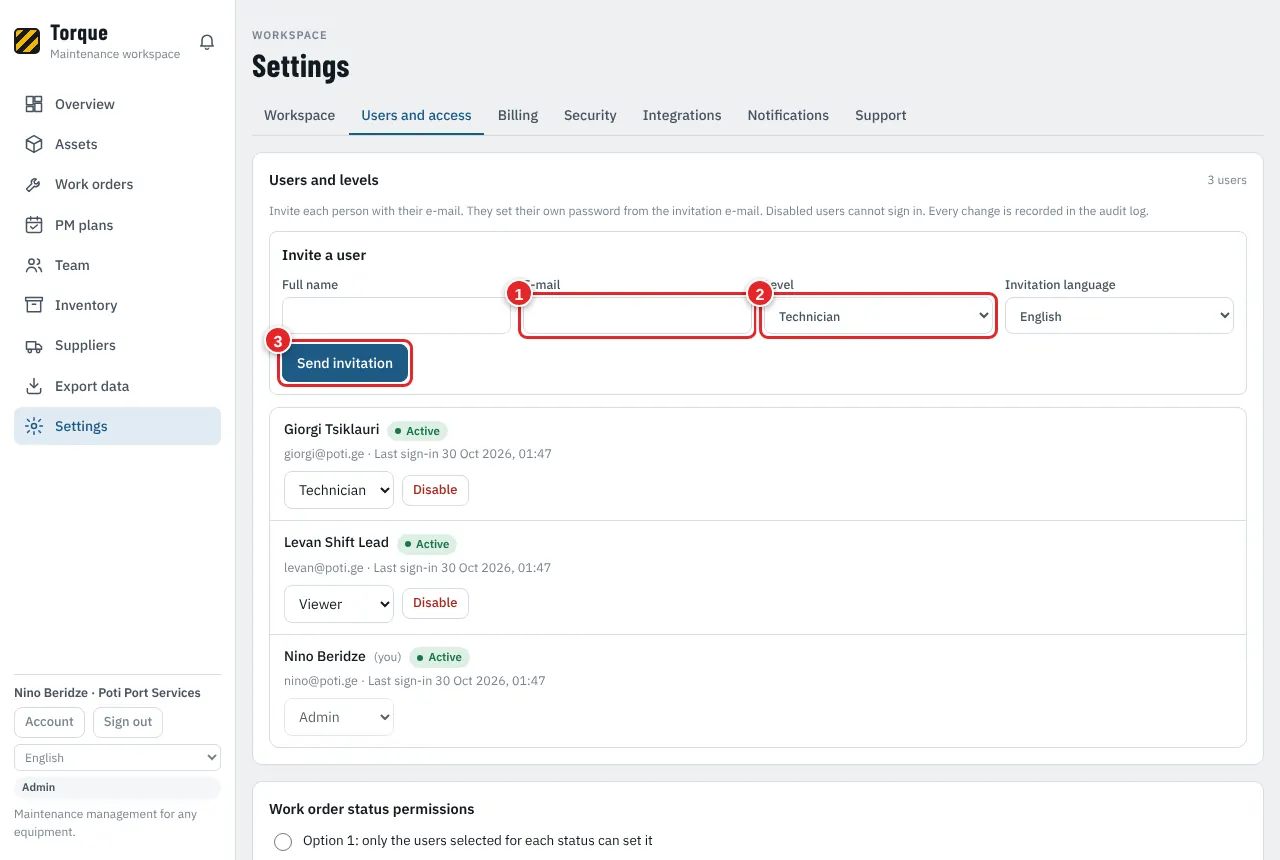 Settings > Users and access: invite people