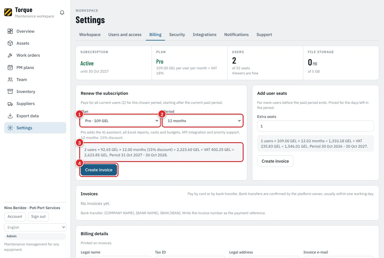 Settings > Billing