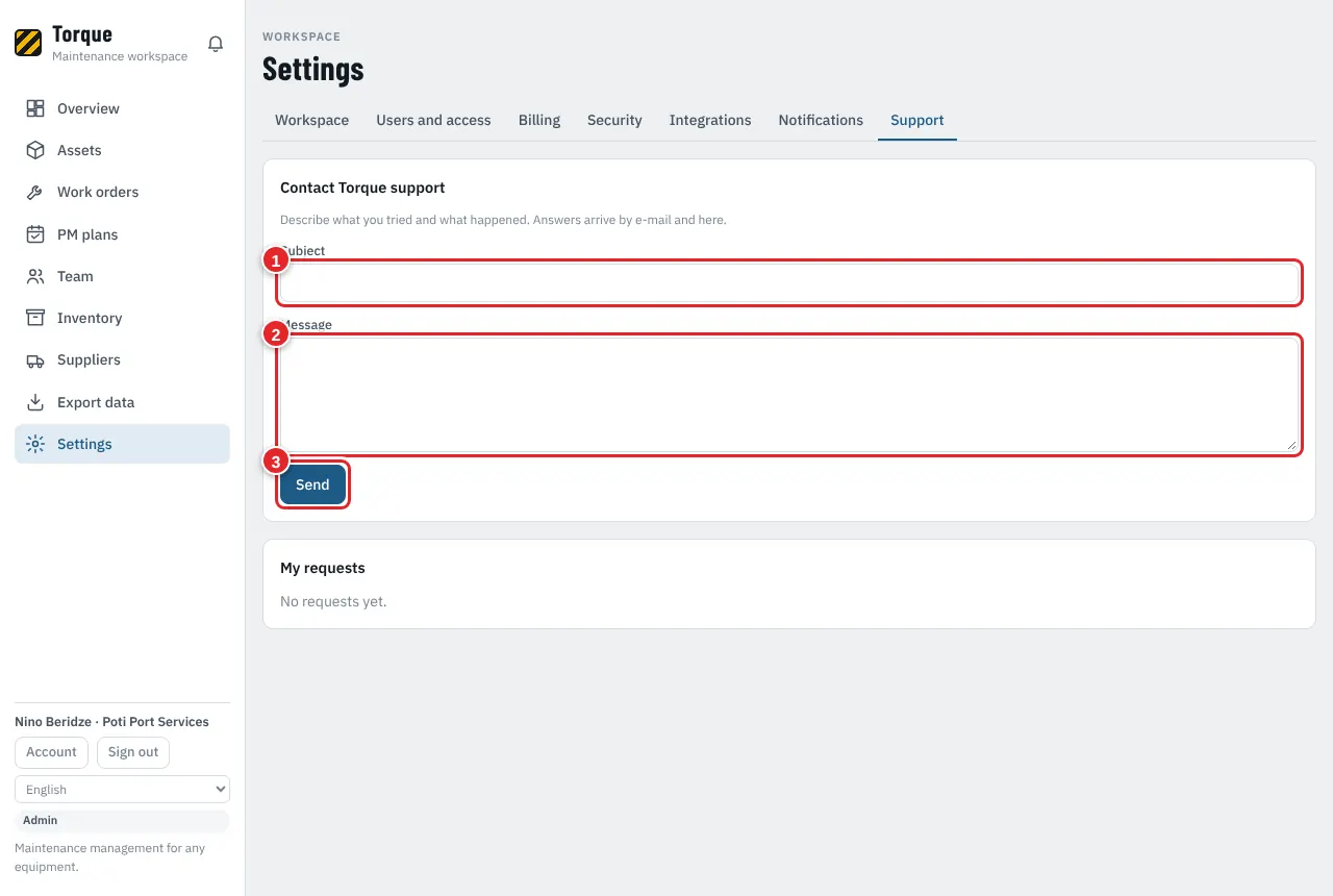 Settings > Support