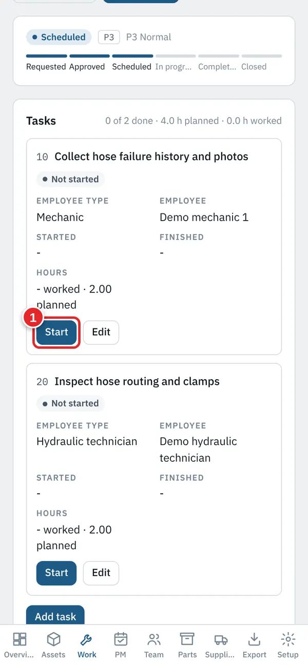 Technician: start and finish a task