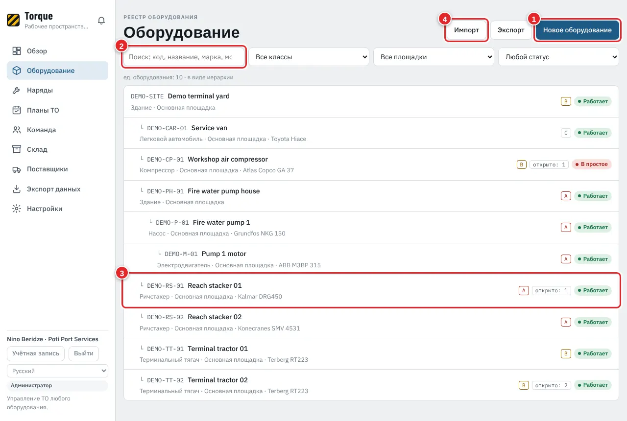 Оборудование: реестр